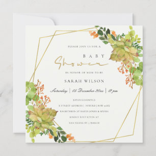 INVITACIÓN SUCCULTE CACTUS FLORAL WATERCOLOR BABY SHOWER