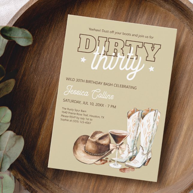 Invitación Sucia Occidental Treinta Vaquera 30 Fiesta de cump (Western Dirty Thirty Cowgirl 30th Birthday Party Invitation)