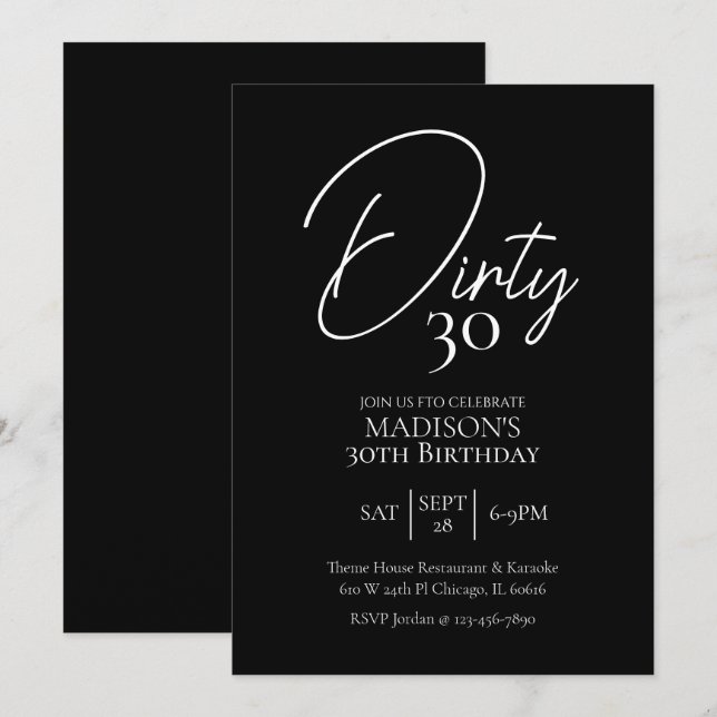 Invitación Sucio Treinta y Treinta Años Blanco y Negro (Anverso / Reverso)