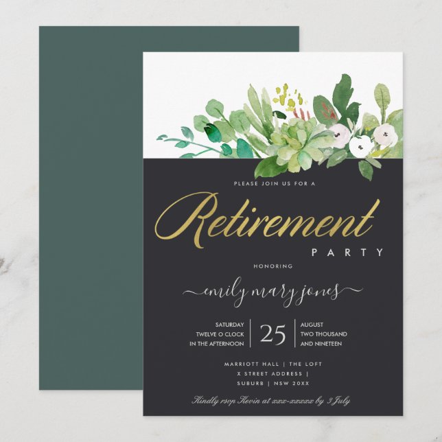 INVITACIÓN SUCULENT FOLIAGE WATERCOLOR WRETIREMENT (Anverso / Reverso)