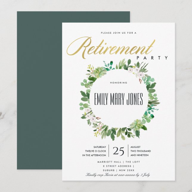 INVITACIÓN SUCULENT FOLIAGE WATERCOLOR WRETIREMENT (Anverso / Reverso)