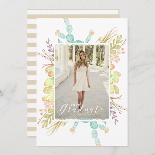 Invitación Suculenta acuarela de Bouquet | Partido de Graduac (Anverso / Reverso)