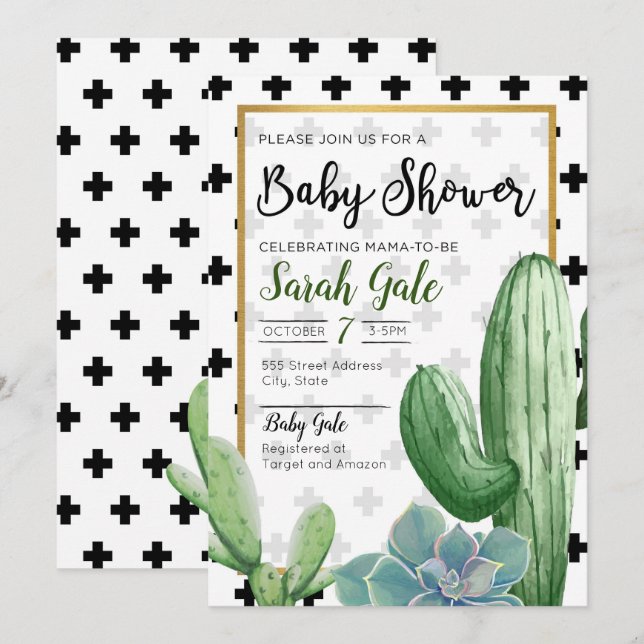 Invitación suculenta de Baby Shower del cactus de (Anverso / Reverso)