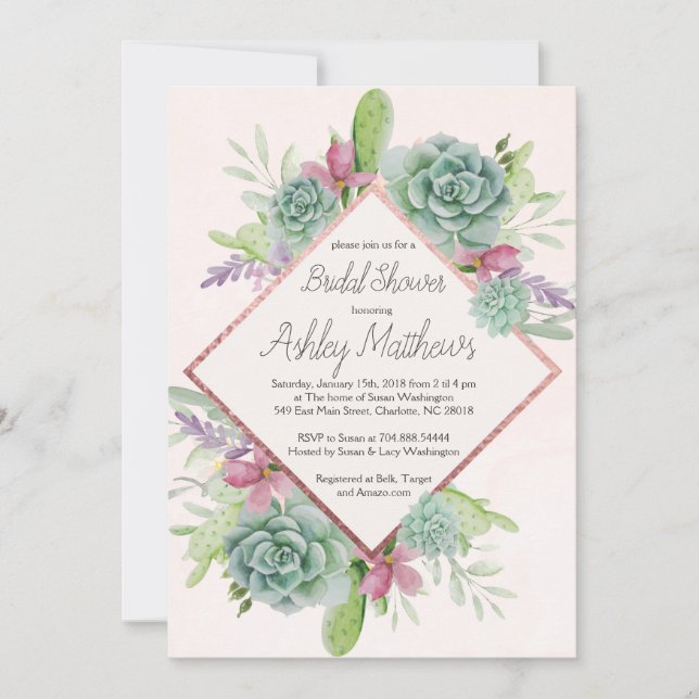 Invitación suculenta de la ducha, cactus (Anverso)