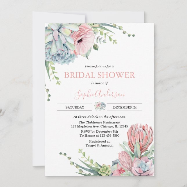 Invitación Suculenta Ducha Bridal De Cactus Pink Greenery De  (Anverso)