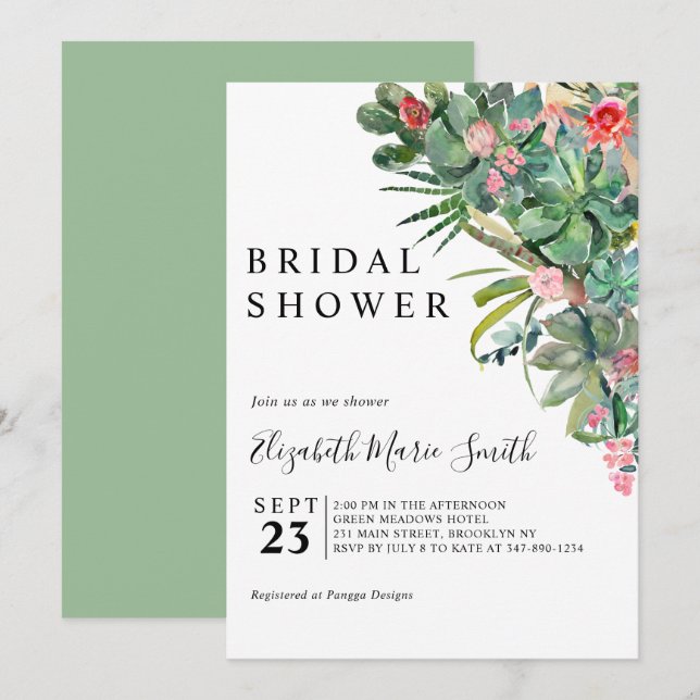 Invitación Suculenta Ducha Bridal De Cactus Verde Rosa Floral (Anverso / Reverso)