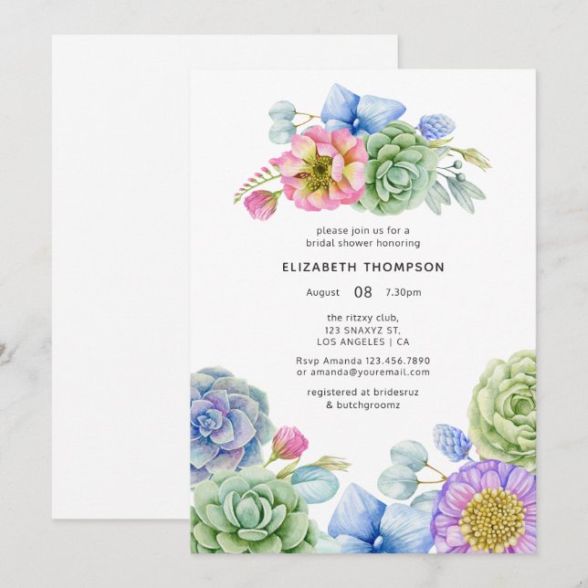 Invitación Suculenta ducha de novia floral de moda (Anverso / Reverso)