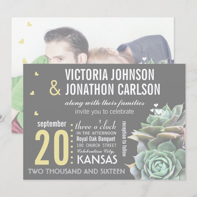 Invitación Suculenta foto amarilla y gris en Boda trasero (Anverso / Reverso)