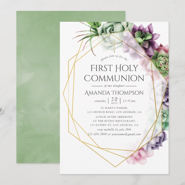 Invitación Suculenta Primera Comunión Geométrica Santa (Anverso / Reverso)