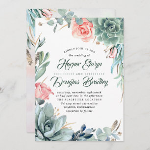 Invitación Suculenta vegetación Boda moderno con flores rosad