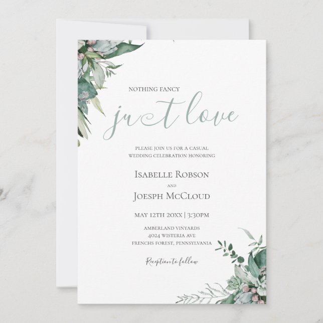 Invitación Suculenta vegetación | Boda Sage Green Just Love (Anverso)