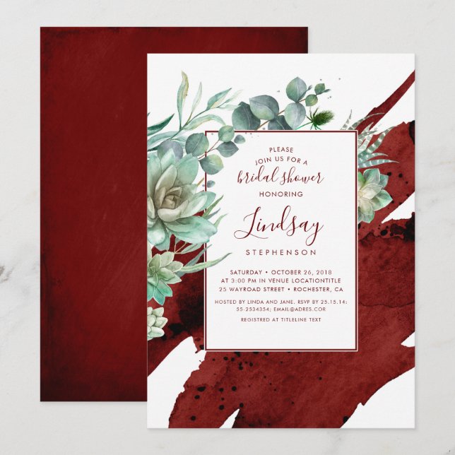 Invitación Suculenta vegetación Borgoña Rojo Ducha Bridal (Anverso / Reverso)
