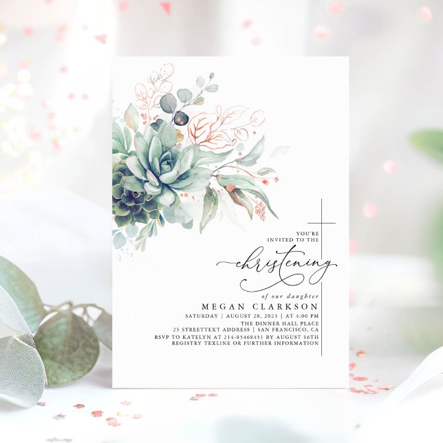 Invitación Suculenta vegetación deja una elegante cristalizac (Christening Invitation with Greenery for Girl)