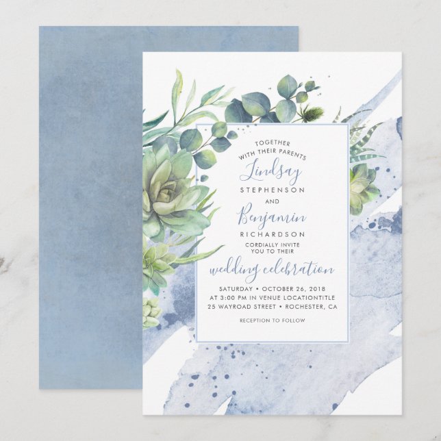Invitación Suculenta vegetación Dusty Blue Elegant Wedding (Anverso / Reverso)