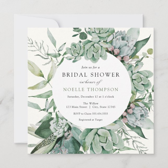 Invitación Suculenta y Eucalyptus Greenery Bridal Shower (Anverso)