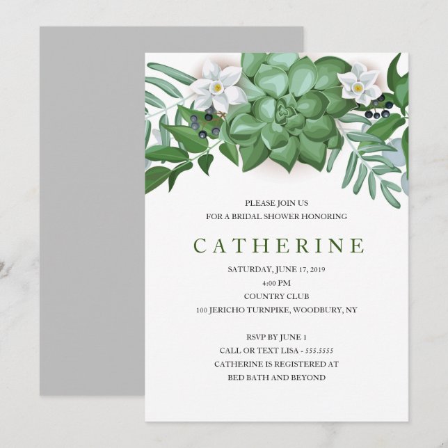 Invitación Suculenta y floral ducha de novias (Anverso / Reverso)