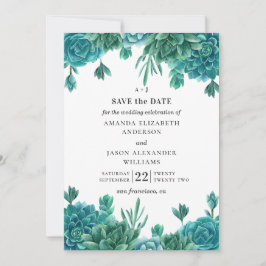 Invitación Suculentas acuarela. Cactus floral azul para boda