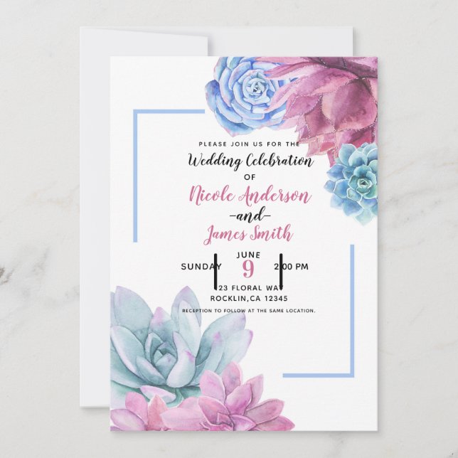 Invitación Suculentas Acuarela Moderna Fiesta de Boda Chic (Anverso)