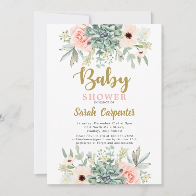 Invitación Suculentas acuarelas florales Baby Shower (Anverso)