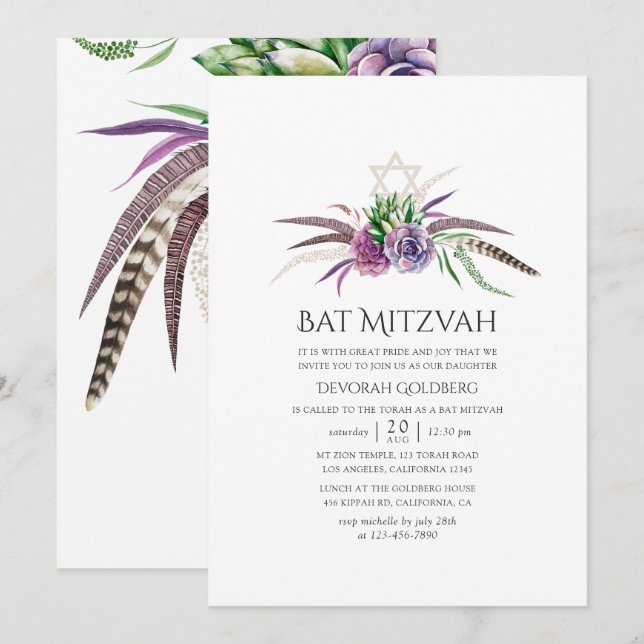 Invitación Suculentas Boho Místicas Bat Mitzvah (Anverso / Reverso)