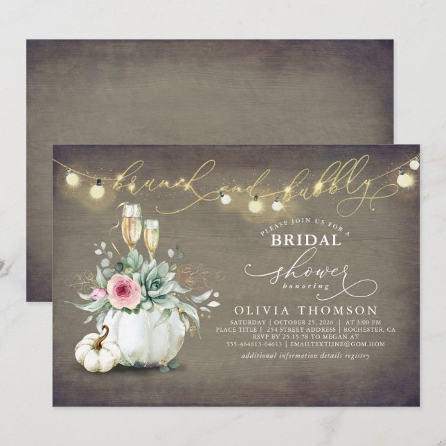 Invitación Suculentas brunch y bubbly Pumpkin Bridal Shower (Anverso / Reverso)