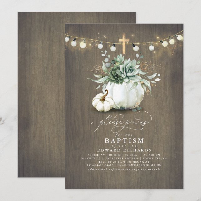 Invitación Suculentas calabazas cruz de oro Caer Bautismo (Anverso / Reverso)