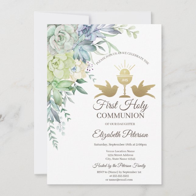 Invitación Suculentas Cáliz Elegante Primera Comunión   (Anverso)