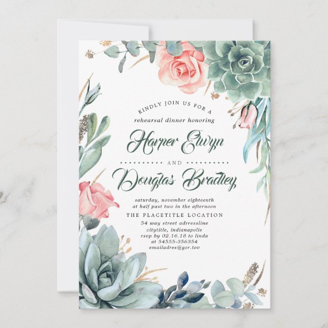 Invitación Suculentas cenas de vegetación y de ensayo de rosa (Anverso)