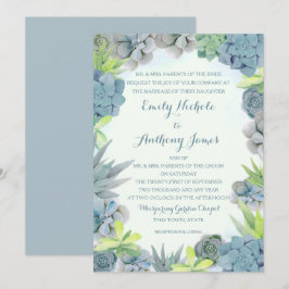 Invitación Suculentas color de agua de Boda azul de hueso