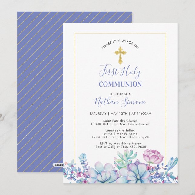 Invitación Suculentas & Cruz |  Primera Comunión (Anverso / Reverso)