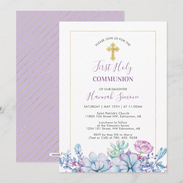 Invitación Suculentas & Cruz | Primera Comunión de Niña (Anverso / Reverso)