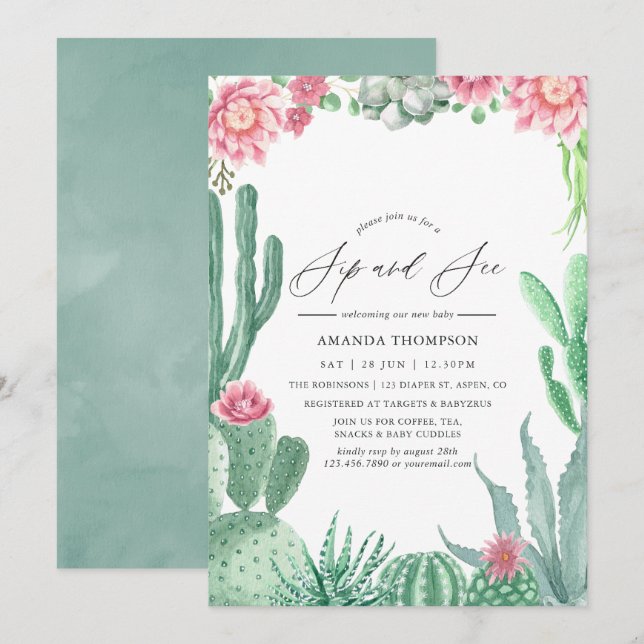 Invitación Suculentas de Acuarela Bebe y Ve (Anverso / Reverso)