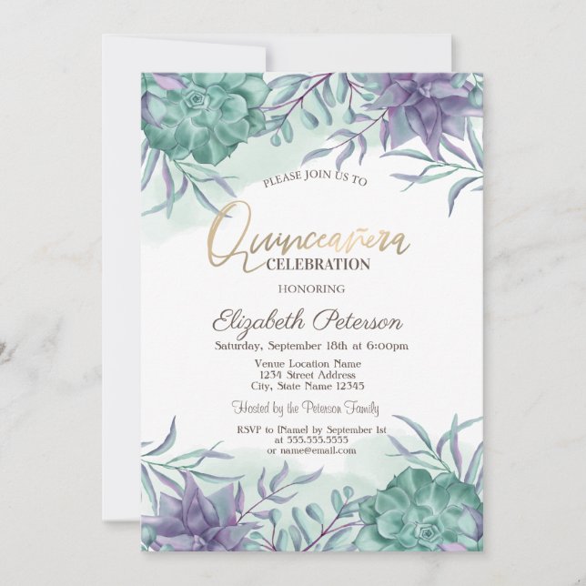 Invitación Suculentas de desierto en acuarela Quinceañera (Anverso)