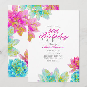 Invitación Suculentas de jardín de color rosa brillante y tur