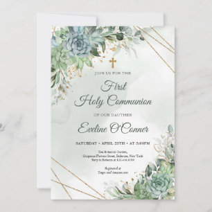 Invitación Suculentas de verano eucalipto verde oro Bautizo