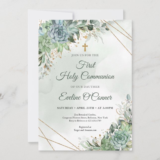 Invitación Suculentas de verano eucalipto verde oro Bautizo (Anverso)