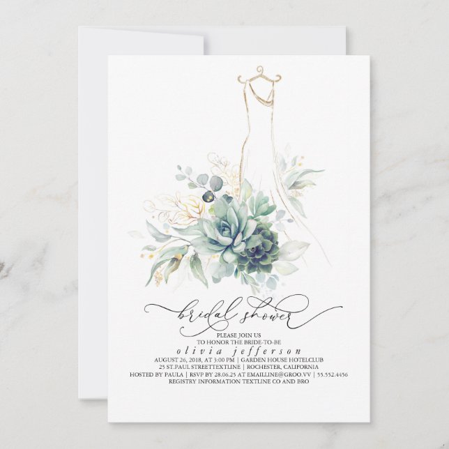 Invitación Suculentas duchas de Boda de verde (Anverso)
