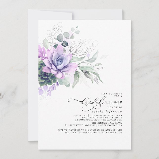 Invitación Suculentas duchas nupciales de Silver Boho (Anverso)