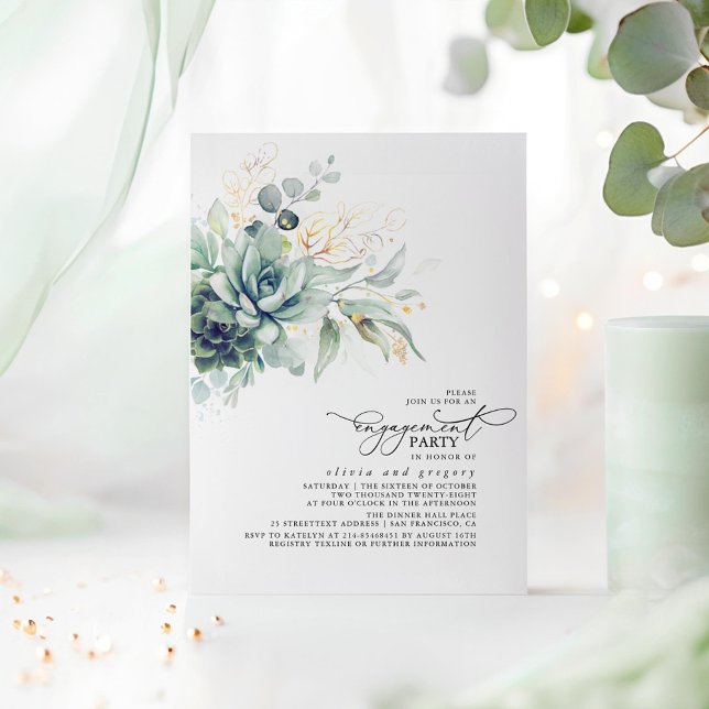 Invitación Suculentas Fiestas de Oro de Verdor (Engagement Party Invitations With Watercolor Succulents Greenery Illustration)