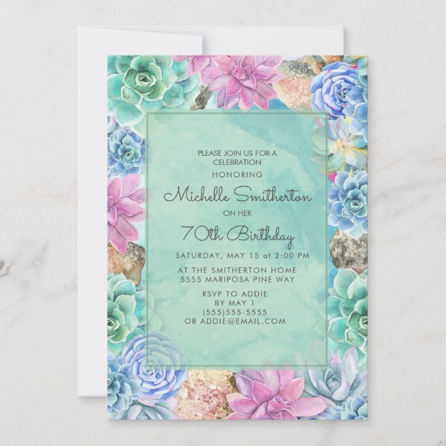 Invitación Suculentas Florales Rosa Azul Verde Cumpleaños 70 (Anverso)