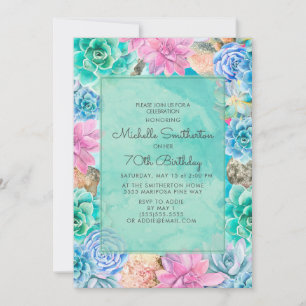 Invitación Suculentas Florales Rosa Azul Verde Cumpleaños 70