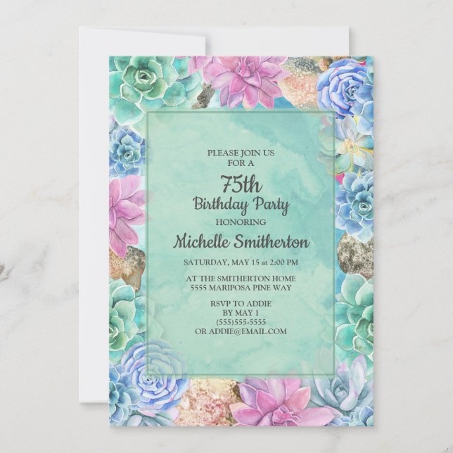 Invitación Suculentas Florales Rosa Azul Verde Cumpleaños 75 (Anverso)