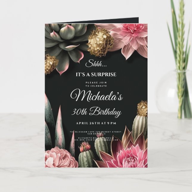 Invitación Suculentas flores fiesta sorpresa de cumpleaños Fl (Anverso)