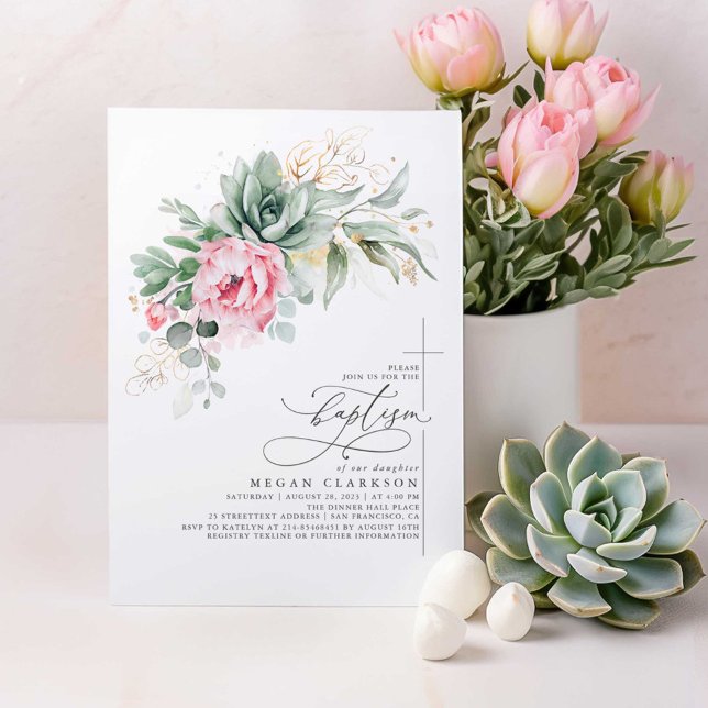 Invitación Suculentas flores rosadas verde bautismo de oro (Pink Floral Succulents Greenery Baptism Invitations)