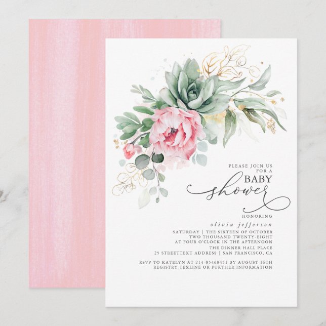 Invitación Suculentas flores verdes y rosas Baby Shower (Anverso / Reverso)
