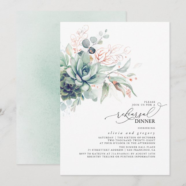Invitación Suculentas fuentes verdes dejan la cena de ensayo (Anverso / Reverso)