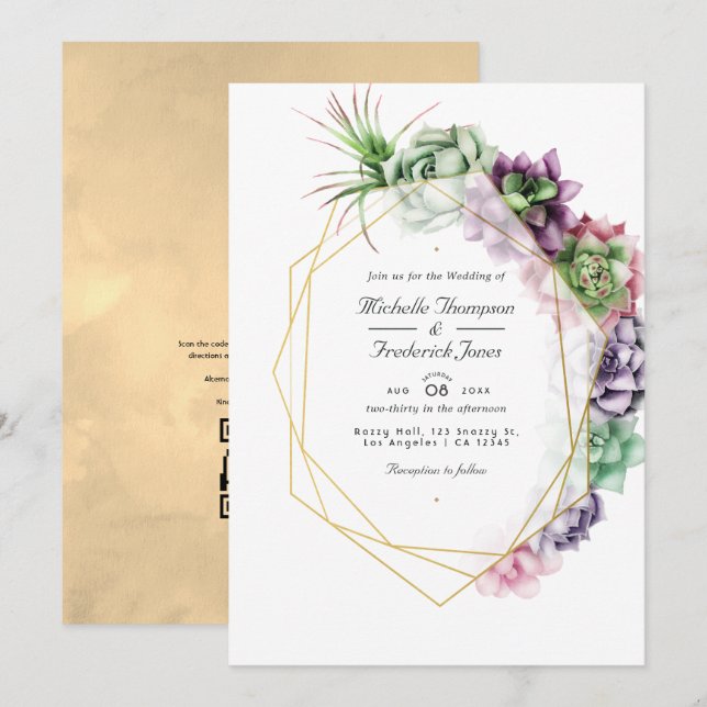 Invitación Suculentas Geométricas Código QR RSVP Boda de Jard (Anverso / Reverso)