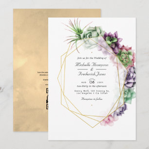 Invitación Suculentas Geométricas Código QR RSVP Boda de Jard
