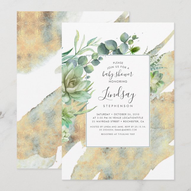 Invitación Suculentas Greenery Gold Watercoloreadas Baby Show (Anverso / Reverso)