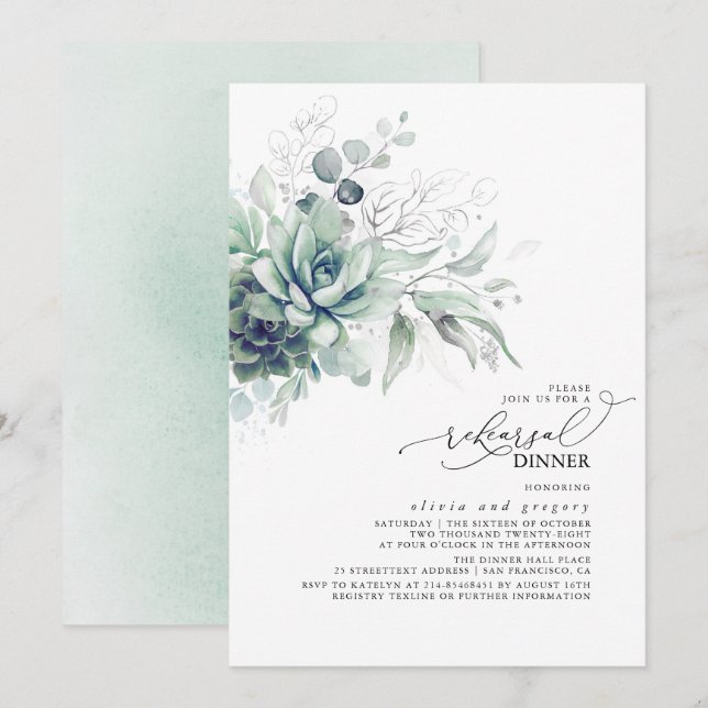 Invitación Suculentas hojas de plata verde para la cena de en (Anverso / Reverso)